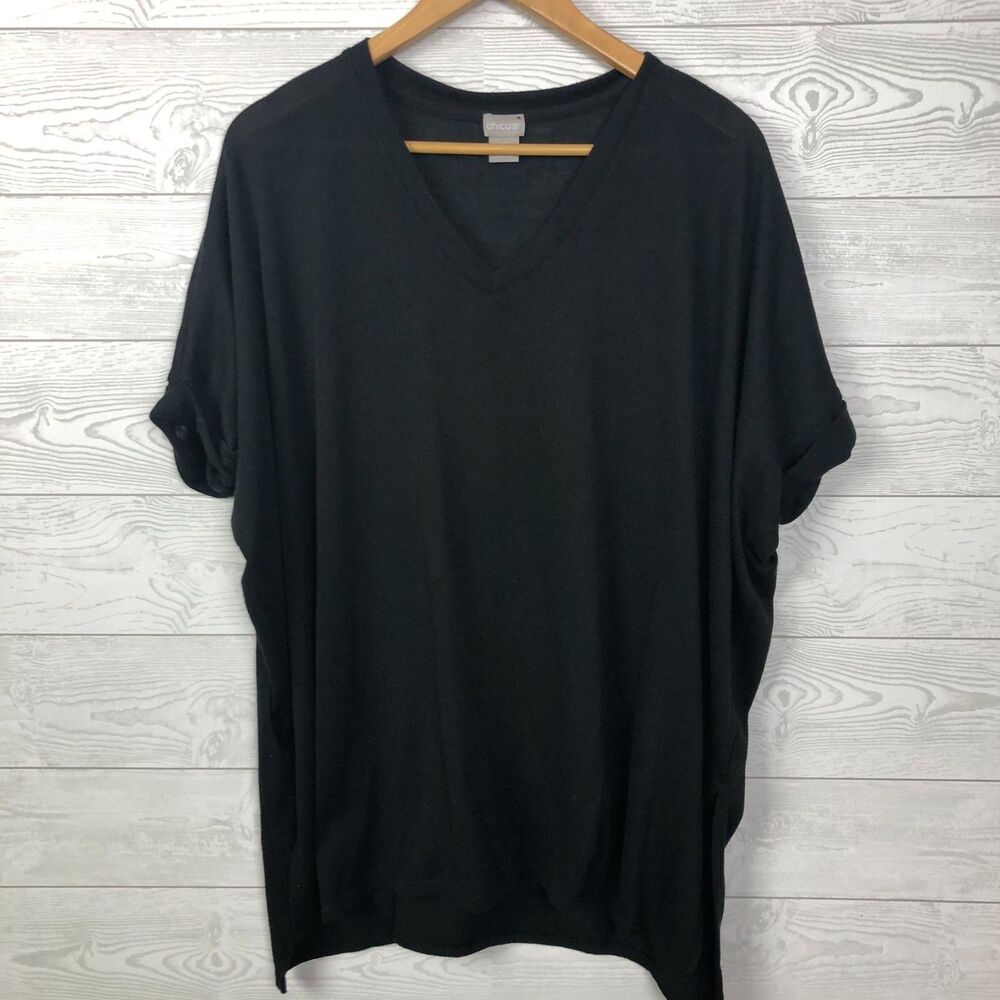 Chico's Women's Medium/Large Short Sleeve V Neck Tunic Knit Shirt Solid Black